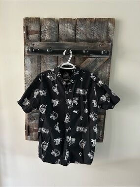 Men's Black Short-Sleeve Button-Up Shirt with White Graphic Print